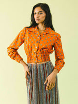 1970s Burnt Orange Cropped Floral Blouse Top arcadeshops.com