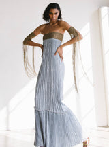 Mary McFadden Periwinkle Plisse Fringed Skirt Ensemble Dress arcadeshops.com
