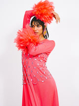 Victor Costa Bright Pink Feather Trimmed Maxi Dress Dress arcadeshops.com