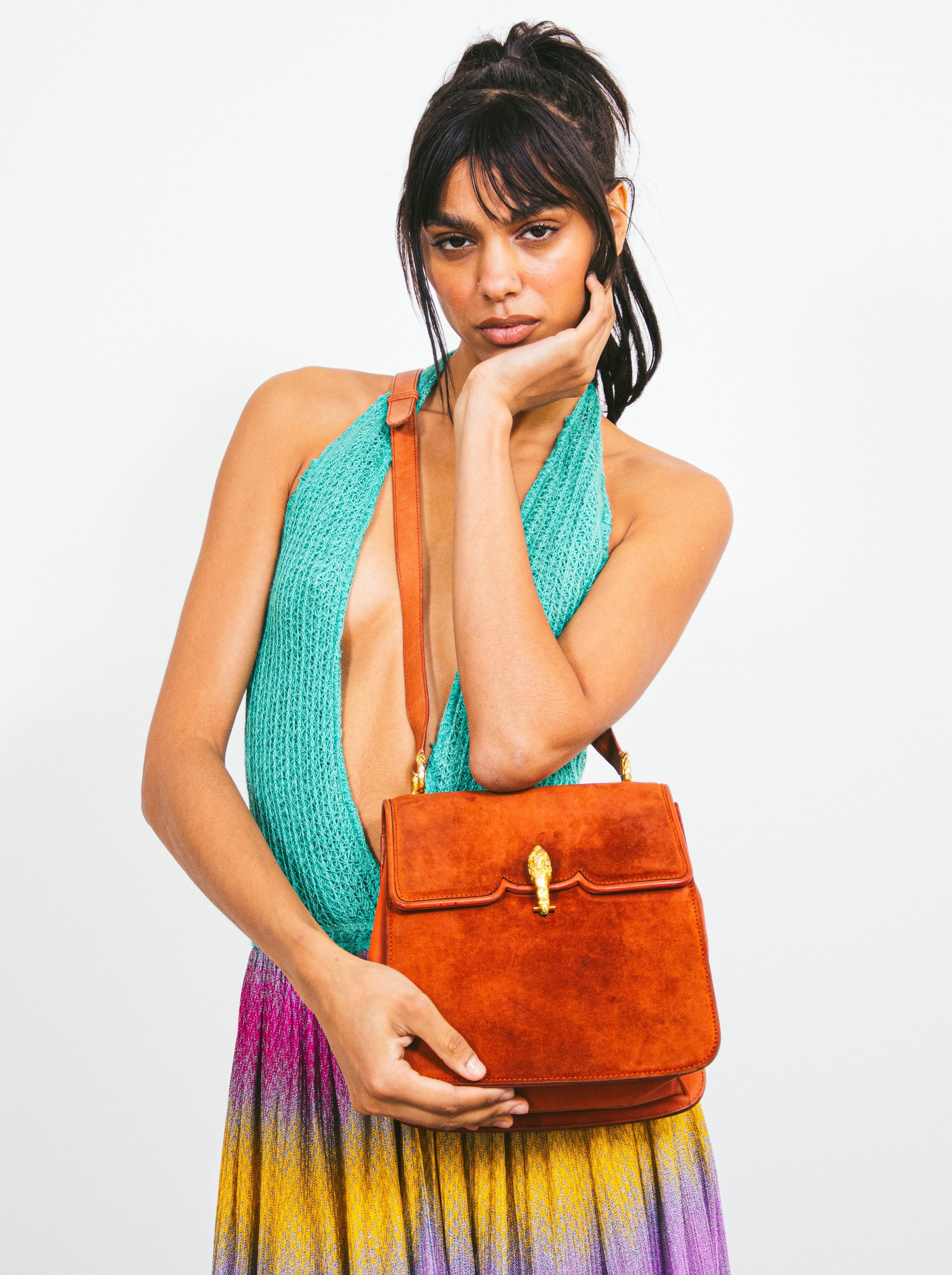 1960s Gucci Suede Tiger Clasp Shoulder Bag