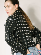 Moschino Mirror Embellished Leather Moto Jacket