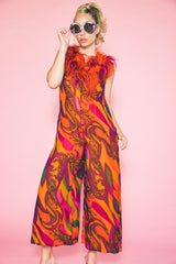 Leo Narducci Psych Print Feather Trim Jumpsuit Jumpsuit arcadeshops.com