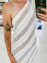 Pauline Trigere One Shoulder Linen and Lace Gown Dress arcadeshops.com