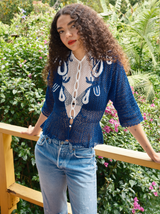 Blue Peplum Crochet Cardigan Top arcadeshops.com