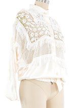 Ivory Silk Crochet Fringe Blouse Top arcadeshops.com