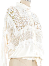 Ivory Silk Crochet Fringe Blouse Top arcadeshops.com