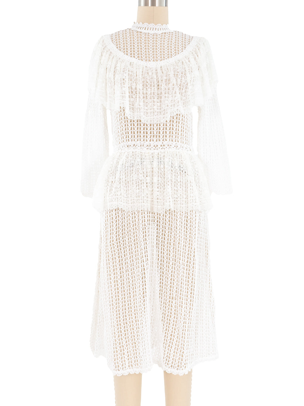 White Lace Ruffle Crochet Midi Dress