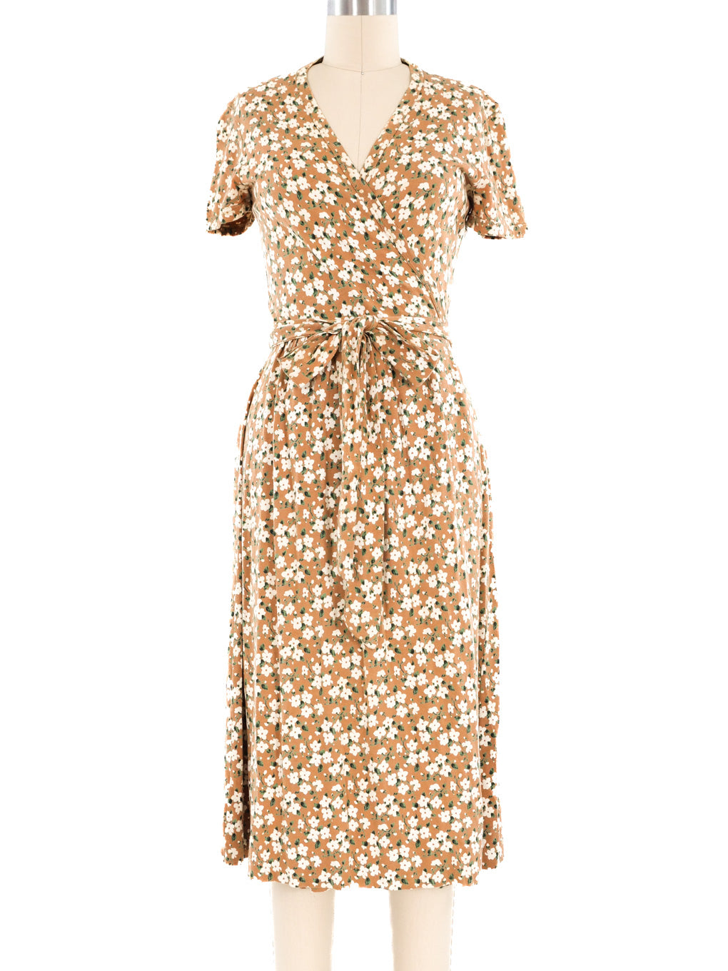 1970s Diane Von Furstenberg Tan Floral Wrap Dress
