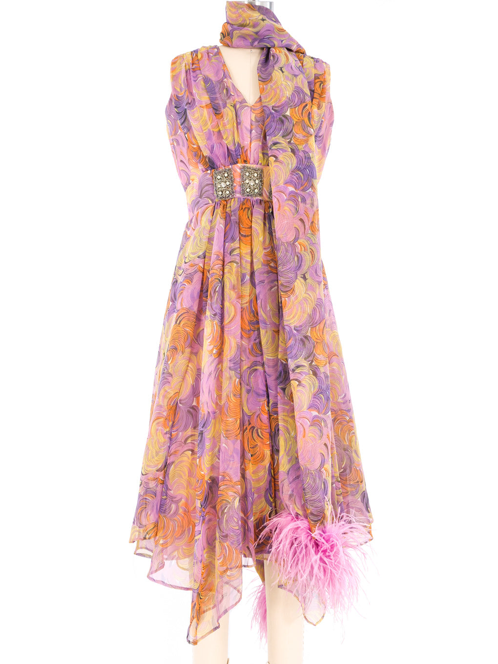1960s Purple Abstract Swirl Print Dress with Marabou Trimmed Shawl