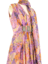 1960s Purple Abstract Swirl Print Dress with Marabou Trimmed Shawl Dress arcadeshops.com