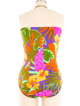 1980s Oscar de la Renta Tropical Print Swimsuit and Sarong Ensemble Suit arcadeshops.com