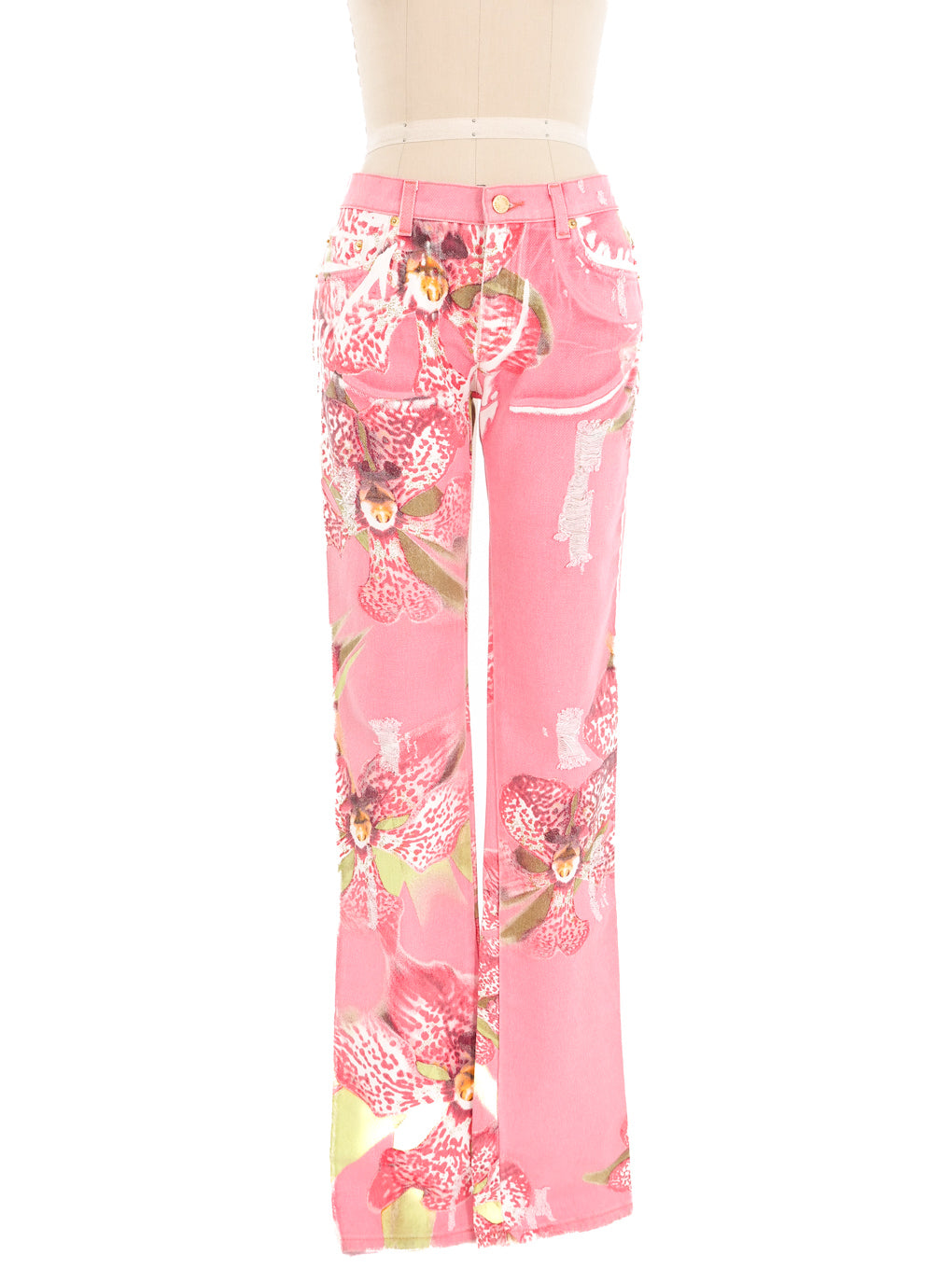 Roberto Cavalli ロベルトカヴァッリ　花柄フレアパンツ ピンク Roberto Cavalli Distressed Orchid Print Jeans