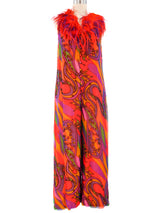 Leo Narducci Psych Print Feather Trim Jumpsuit Jumpsuit arcadeshops.com