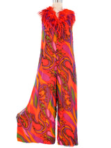 Leo Narducci Psych Print Feather Trim Jumpsuit Jumpsuit arcadeshops.com