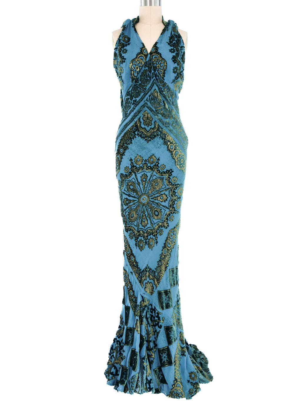 Roberto Cavalli Peacock Blue Burnout Halter Gown Roberto Cavalli Peacock Blue Burnout Halter Gown