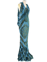 Roberto Cavalli Peacock Blue Burnout Halter Gown Dress arcadeshops.com