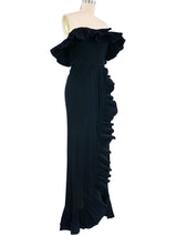 1970s Strapless Plisse Pleat Ruffle Maxi Dress Dress arcadeshops.com