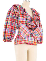Oscar de la Renta Rainbow Plaid Puff Sleeve Top Top arcadeshops.com