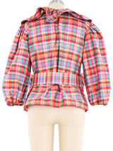 Oscar de la Renta Rainbow Plaid Puff Sleeve Top Top arcadeshops.com