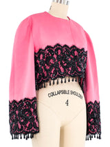 Victor Costa Pink Cropped Lace Trim Jacket Jacket arcadeshops.com