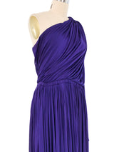 1970s Halston Purple Draped One Shoulder Chiffon Gown Dress arcadeshops.com