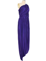 1970s Halston Purple Draped One Shoulder Chiffon Gown Dress arcadeshops.com