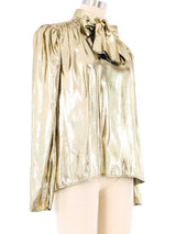 Liquid Gold Lame Tie Neck Blouse Top arcadeshops.com