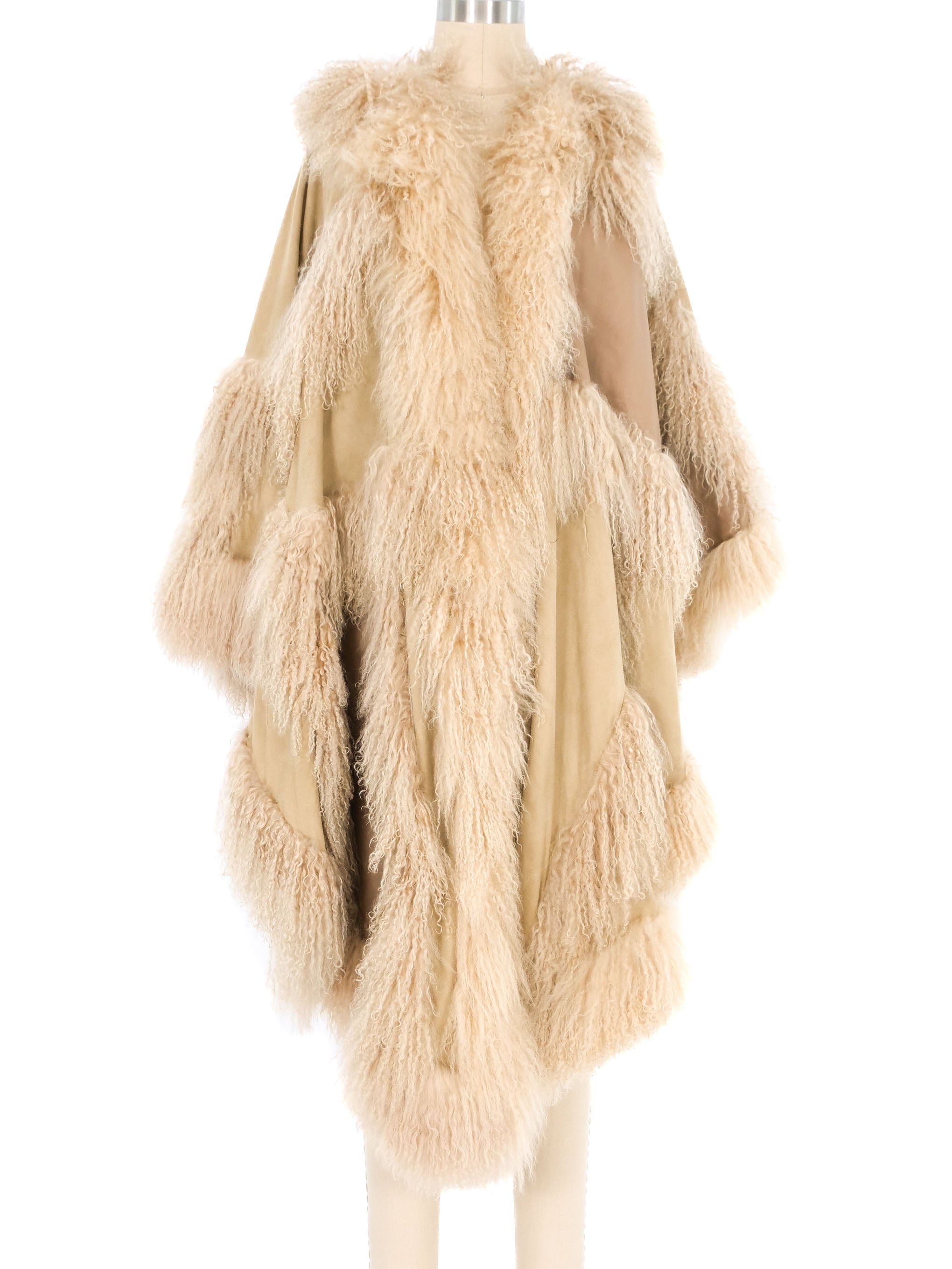 Adrienne Landau Mongolian Fur Trimmed Leather Shawl