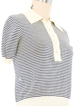 Yves Saint Laurent Navy Striped Knit Polo Top arcadeshops.com