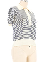 Yves Saint Laurent Navy Striped Knit Polo Top arcadeshops.com