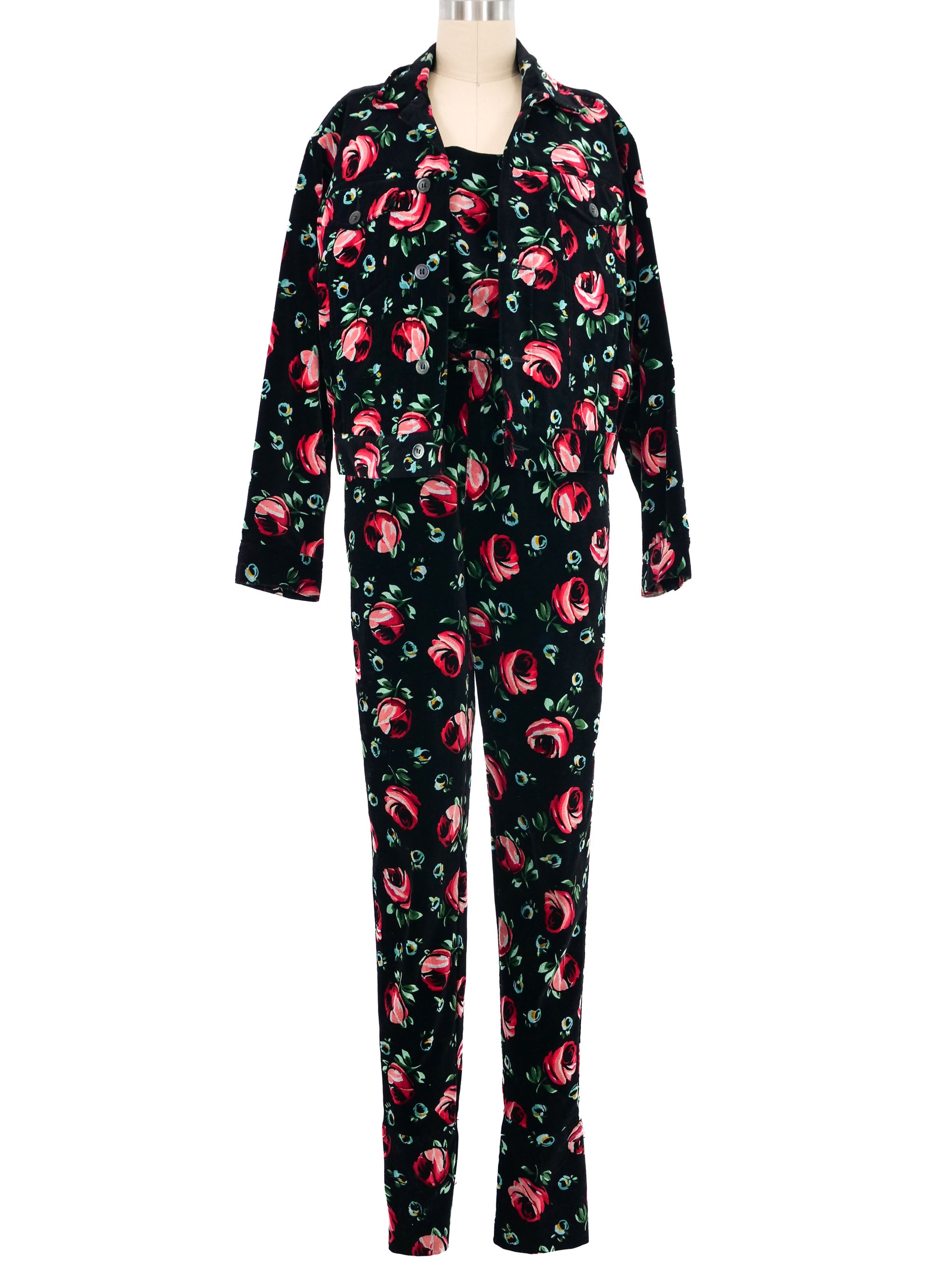 1980s Esprit Velvet Rose Print Three Piece Ensemble