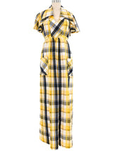 1960s Yellow Seersucker Plaid Maxi Dress Dress arcadeshops.com