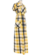 1960s Yellow Seersucker Plaid Maxi Dress Dress arcadeshops.com