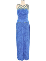 Mary McFadden Blue Beaded Plisse Gown Dress arcadeshops.com