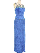 Mary McFadden Blue Beaded Plisse Gown Dress arcadeshops.com
