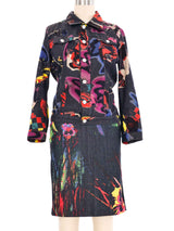 1990s Versace Spray Paint Denim Skirt Ensemble Suit arcadeshops.com
