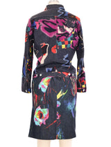 1990s Versace Spray Paint Denim Skirt Ensemble Suit arcadeshops.com