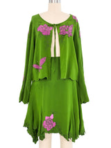Green Silk Floral Applique Skirt Ensemble Suit arcadeshops.com