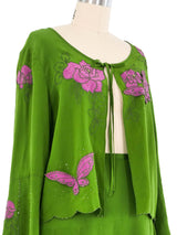 Green Silk Floral Applique Skirt Ensemble Suit arcadeshops.com
