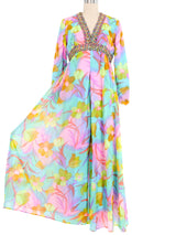 1960s Floral Watercolor Chiffon Jumpsuit Jumpsuit arcadeshops.com