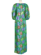 1970s Green Lame Floral Puff Sleeve Gown Dress arcadeshops.com