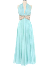 Richilene Aqua Embellished Chiffon Halter Gown Dress arcadeshops.com