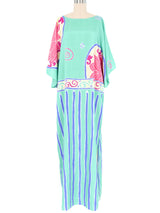Bill Tice Aqua Printed Satin Caftan Dress arcadeshops.com