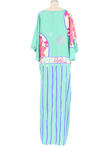 Bill Tice Aqua Printed Satin Caftan Dress arcadeshops.com