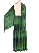1970s Green Printed Fringed Shawl Ensemble Suit arcadeshops.com