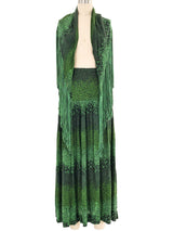 1970s Green Printed Fringed Shawl Ensemble Suit arcadeshops.com