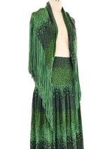 1970s Green Printed Fringed Shawl Ensemble Suit arcadeshops.com