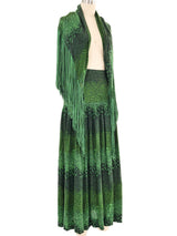 1970s Green Printed Fringed Shawl Ensemble Suit arcadeshops.com