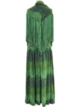 1970s Green Printed Fringed Shawl Ensemble Suit arcadeshops.com