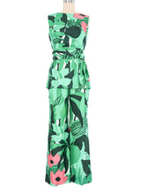 1960s Palm Printed Satin Pant Ensemble Suit arcadeshops.com